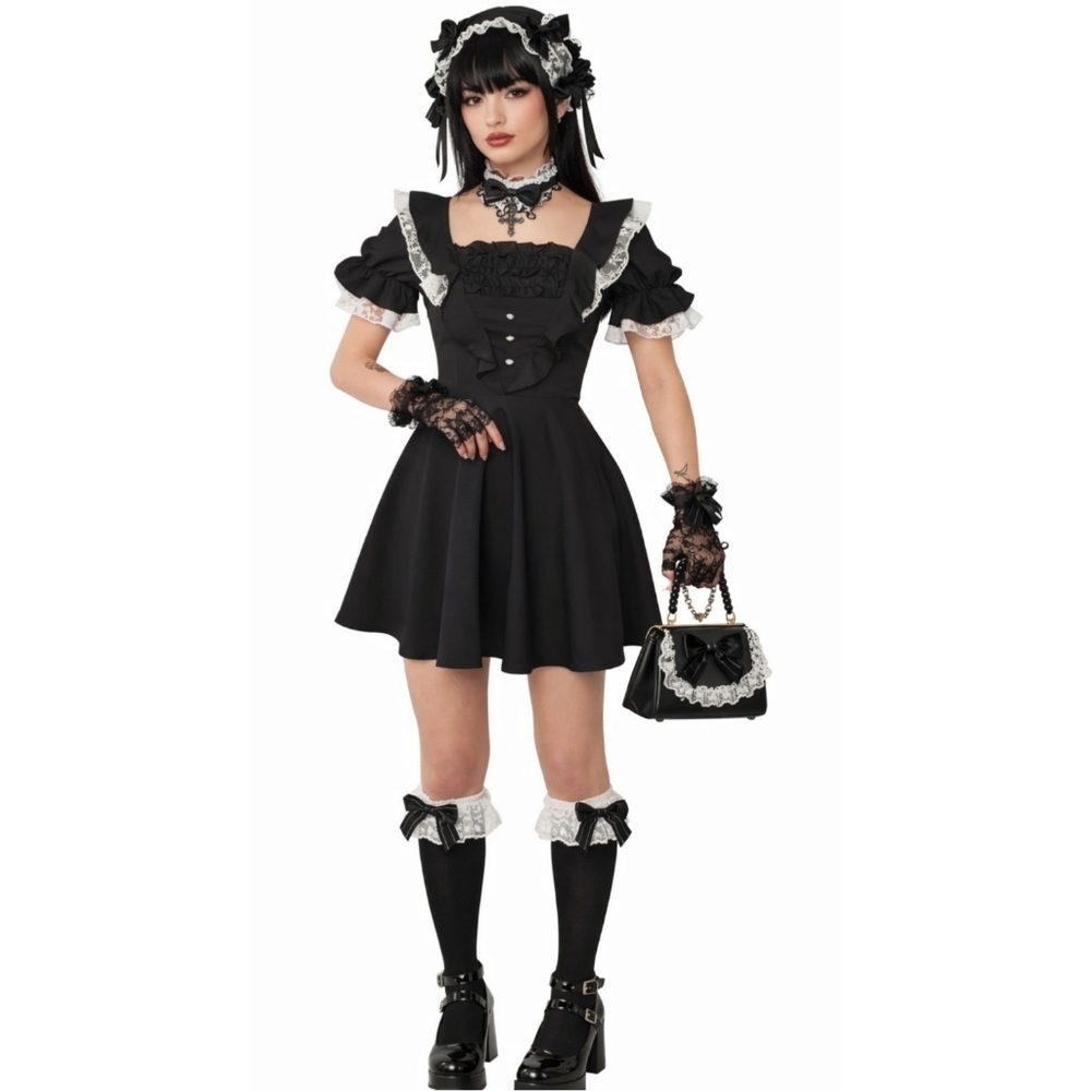 Dark In Love Princess Contrast Ruffle Neckline Dress - Picture 2 of 15